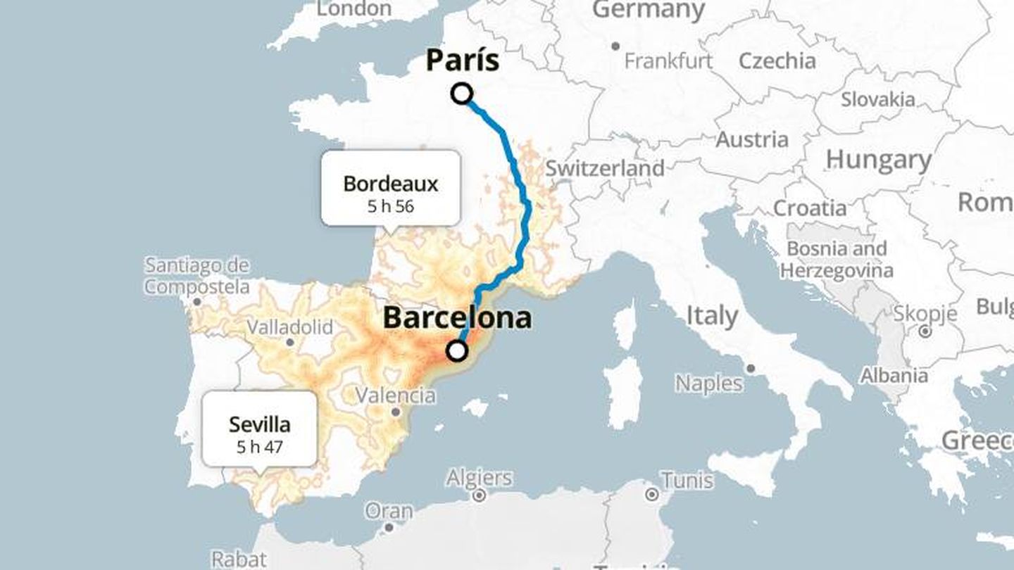 Ejemplo de un trayecto Barcelona-París en la web. (Chronotrains)