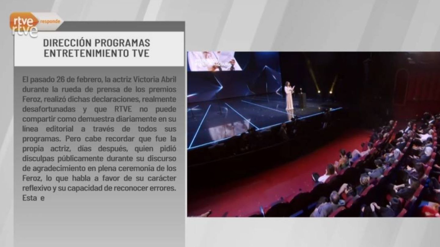 'RTVE responde' defendiendo el fichaje de Victoria Abril.