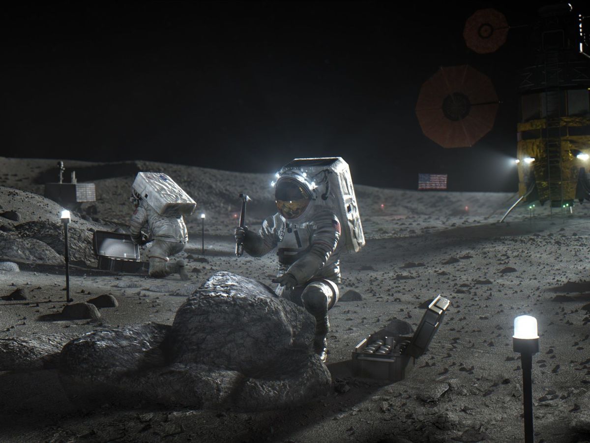 Foto:  Ilustración cedida por la NASA donde aparecen unos astronautas de Artemis mientras trabajan en la Luna. Foto: EFE NASA