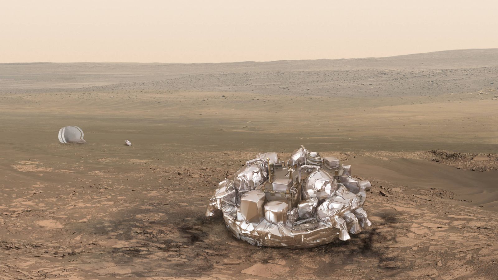 Foto: El módulo Schiaparelli, tras un supuesto aterrizaje perfecto sobre Marte. Esto, a estas alturas, parece descartado. (Ilustración: ESA)