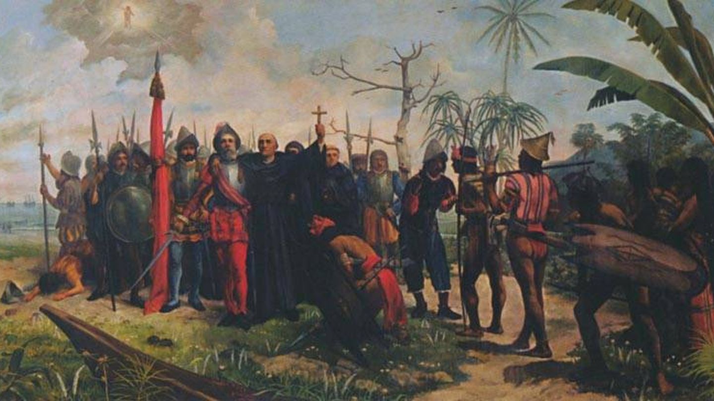 Ilustración de la expedición de Legazpi y Urdaneta a su llegada a Filipinas