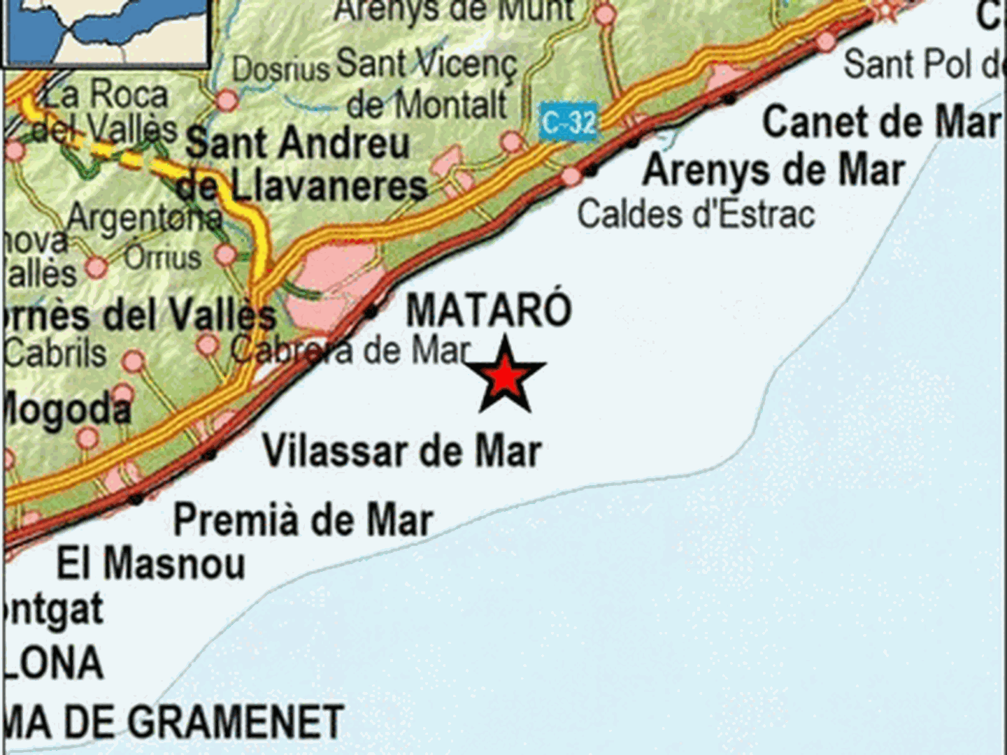 Epicentro del terremoto en las proximidades de Caldes d'Estrac. (IGN)