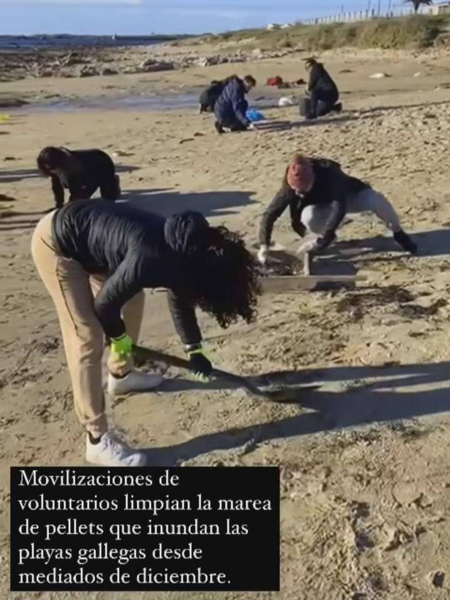 Voluntarios limpian la marea de pellets. (Instagram/@patriciapardo_tv)