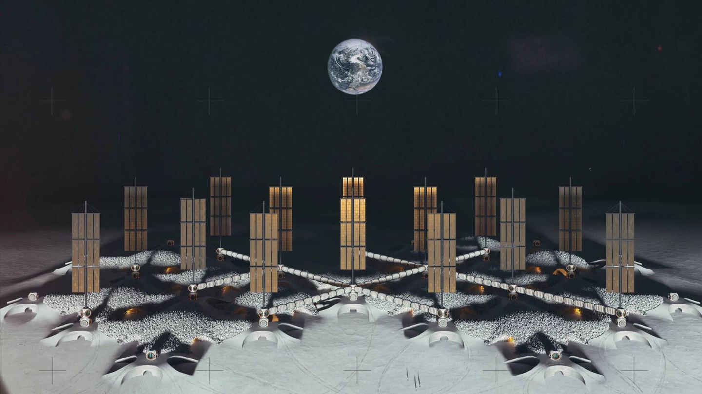 La base desde fuera, con paneles solares verticales para captar la luz del Sol en el polo sur lunar. (Imigo/Hassell Studio)