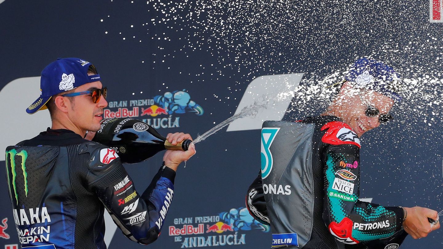 Viñales y Quartararo celebran su podio en Jerez.