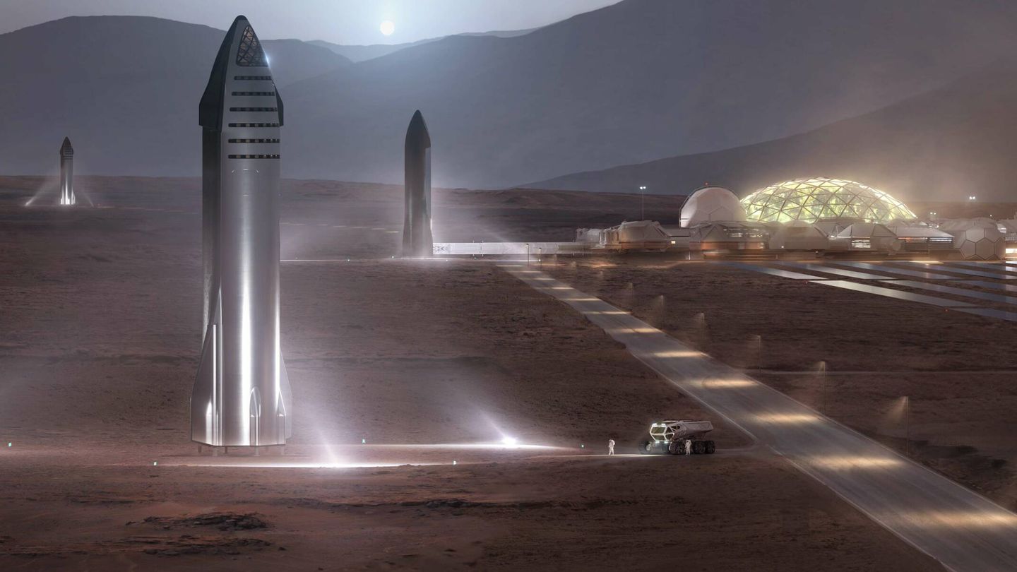 Ilustración de los vehículos Starship de SpaceX en la superficie de Marte. (SpaceX)