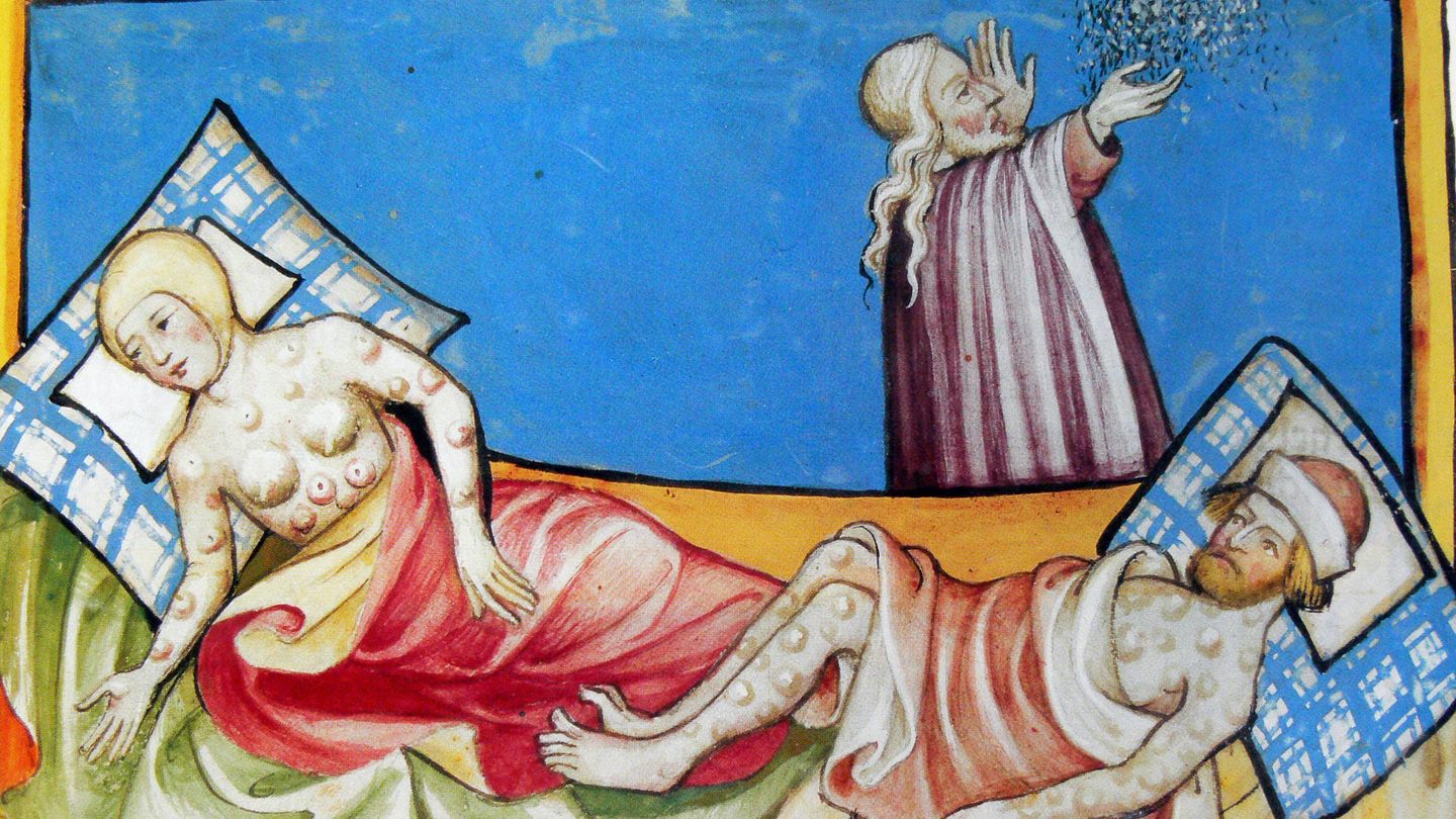 Víctimas de peste negra en una ilustración de la Biblia de Toggenburgo.