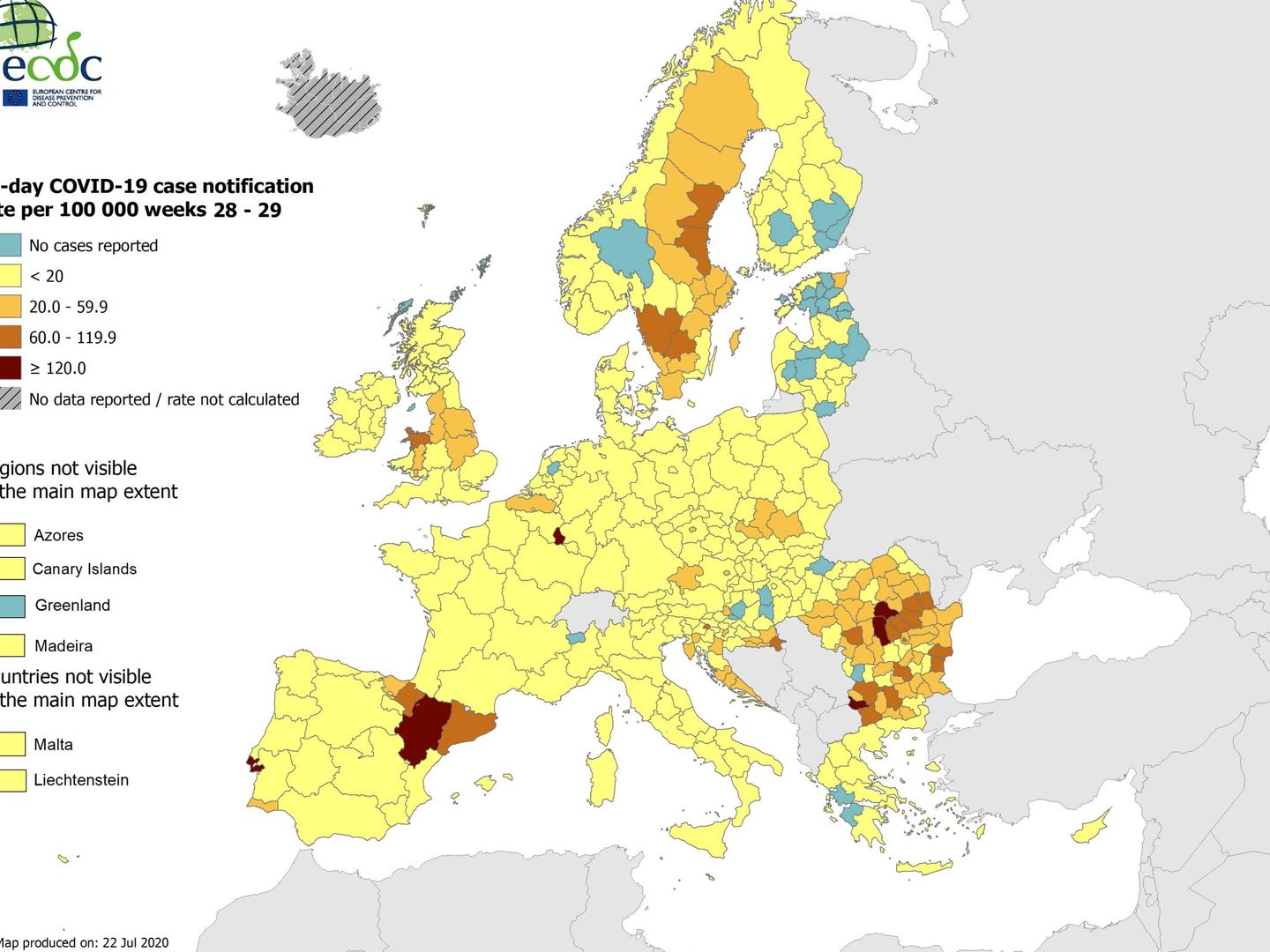 Mayores tasas de nuevos contagios acumulados en regiones Europeas (ECDC)