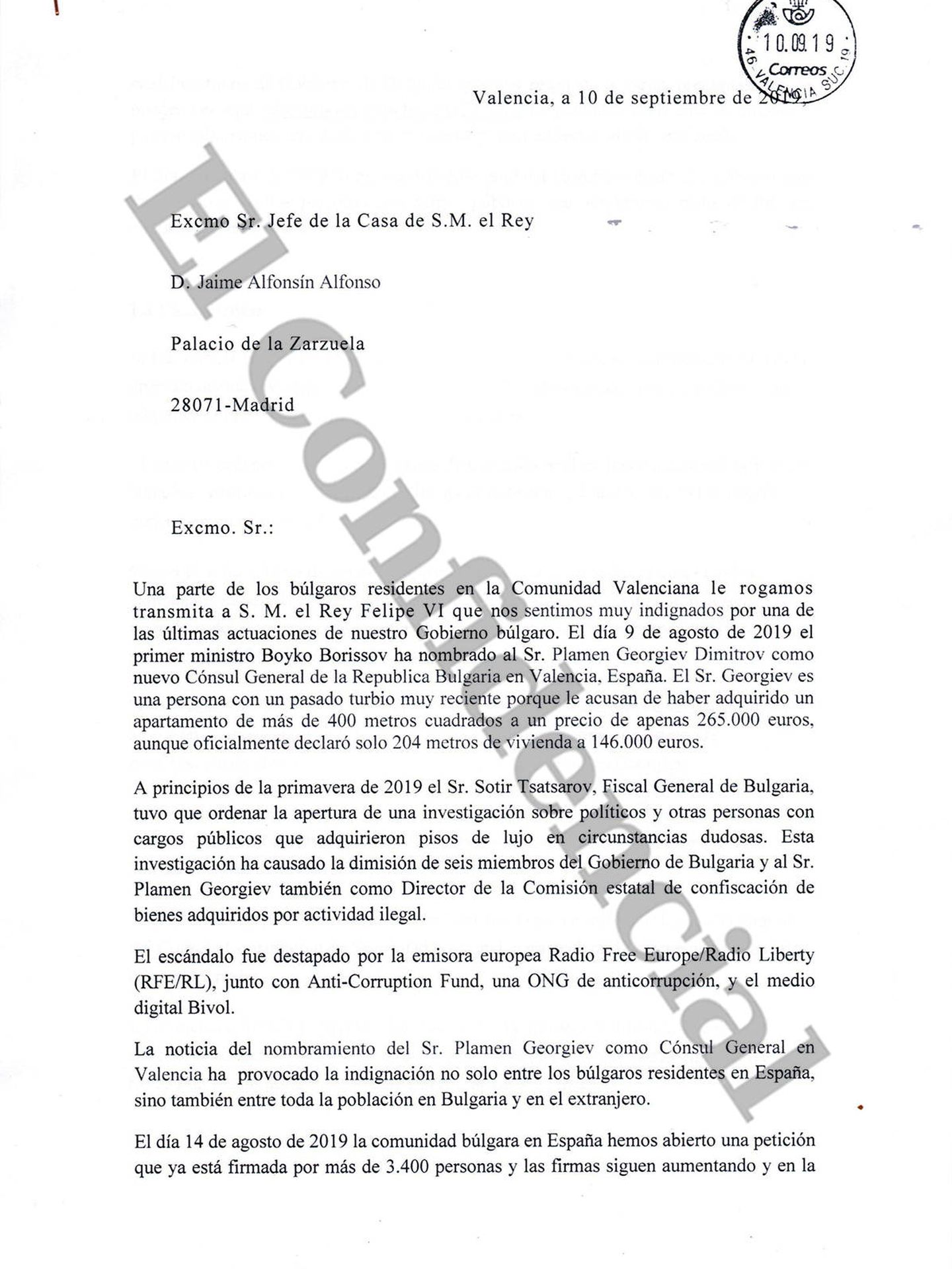 La carta remitida al jefe de la Casa Real española. 