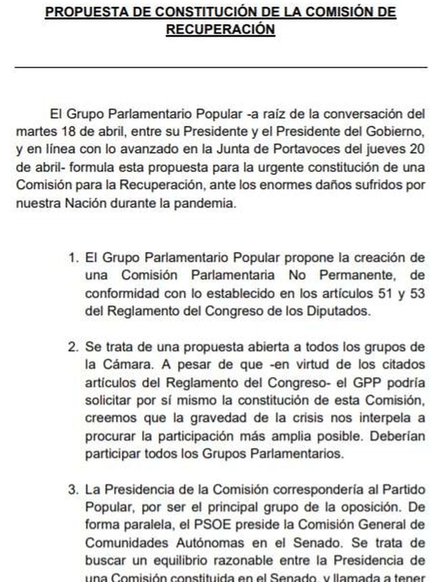 Consulte aquí en PDF la propuesta del PP de creación de la Comisión de Recuperación en el Congreso.