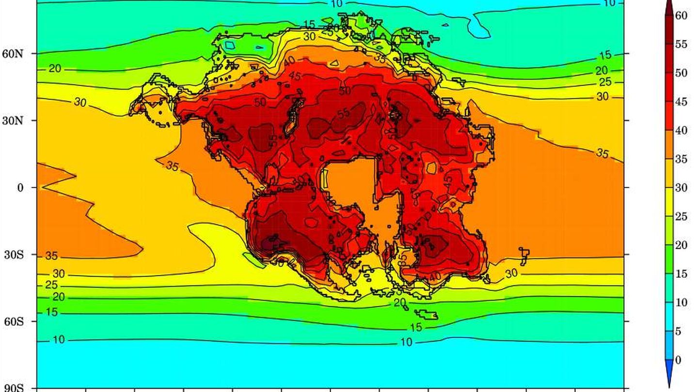 La imagen muestra la temperatura media mensual más cálida (grados Celsius) para la Tierra y el supercontinente proyectado (Pangea Ultima). (Universidad de Brístol)
