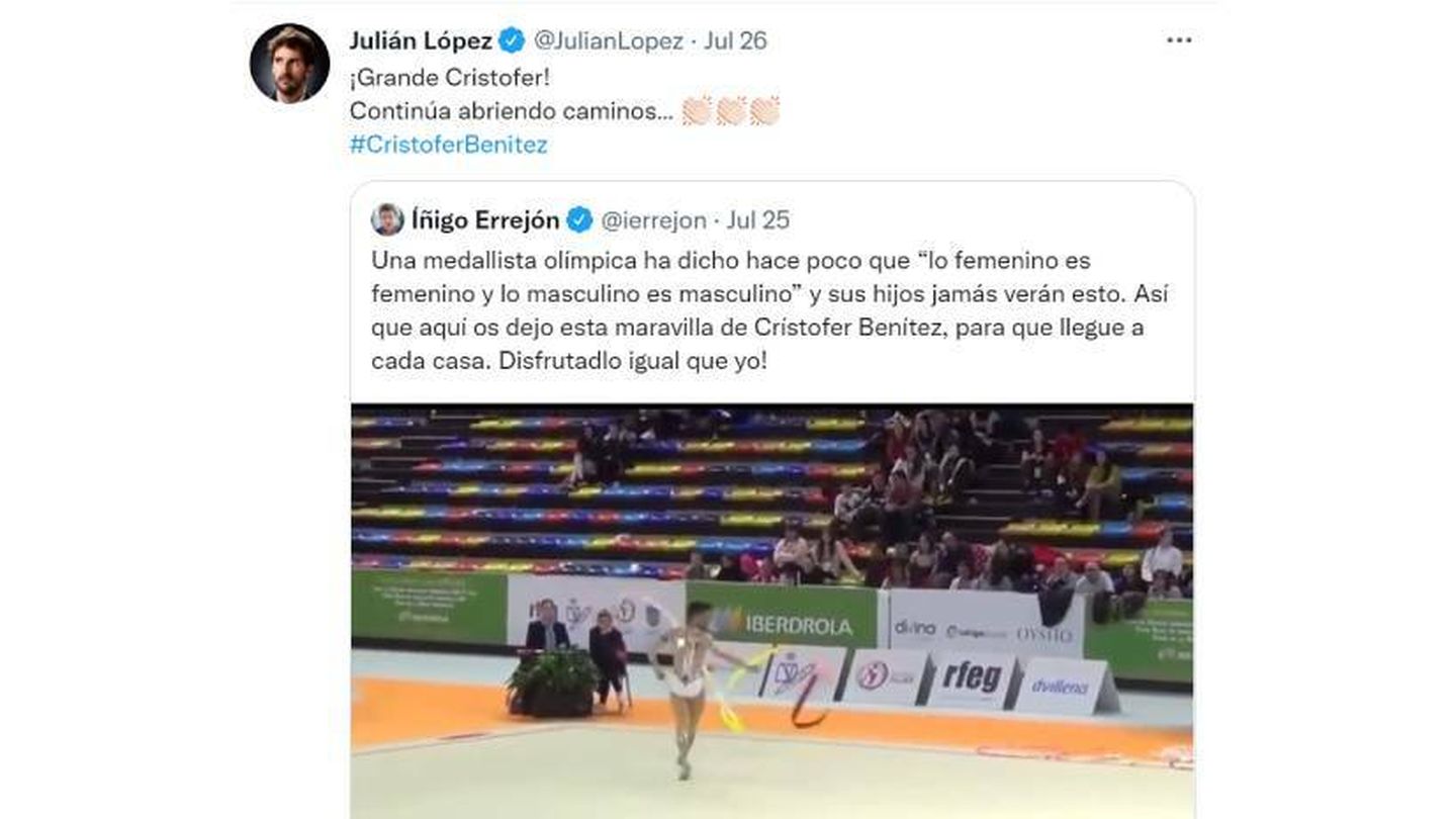 Tweet de Julián López apoyando al gimnasta Crístofer Benítez