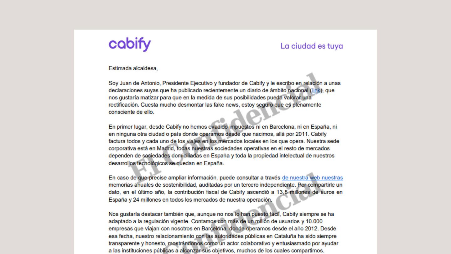 Carta Cabify a Ada Colau.
