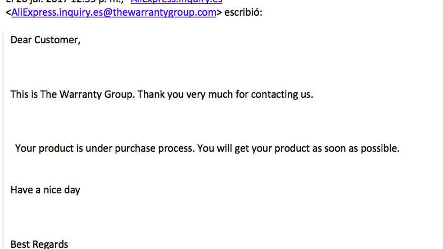 Uno de los avisos enviados por correo electrónico desde Warranty Group.