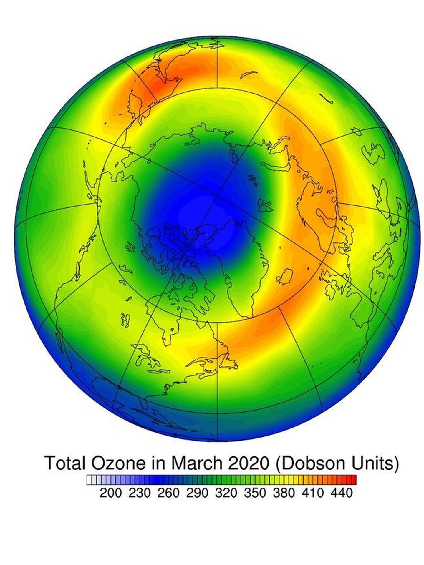 El agujero de la capa de ozono sobre el Ártico en marzo de 2020. Foto: Yan Xia
