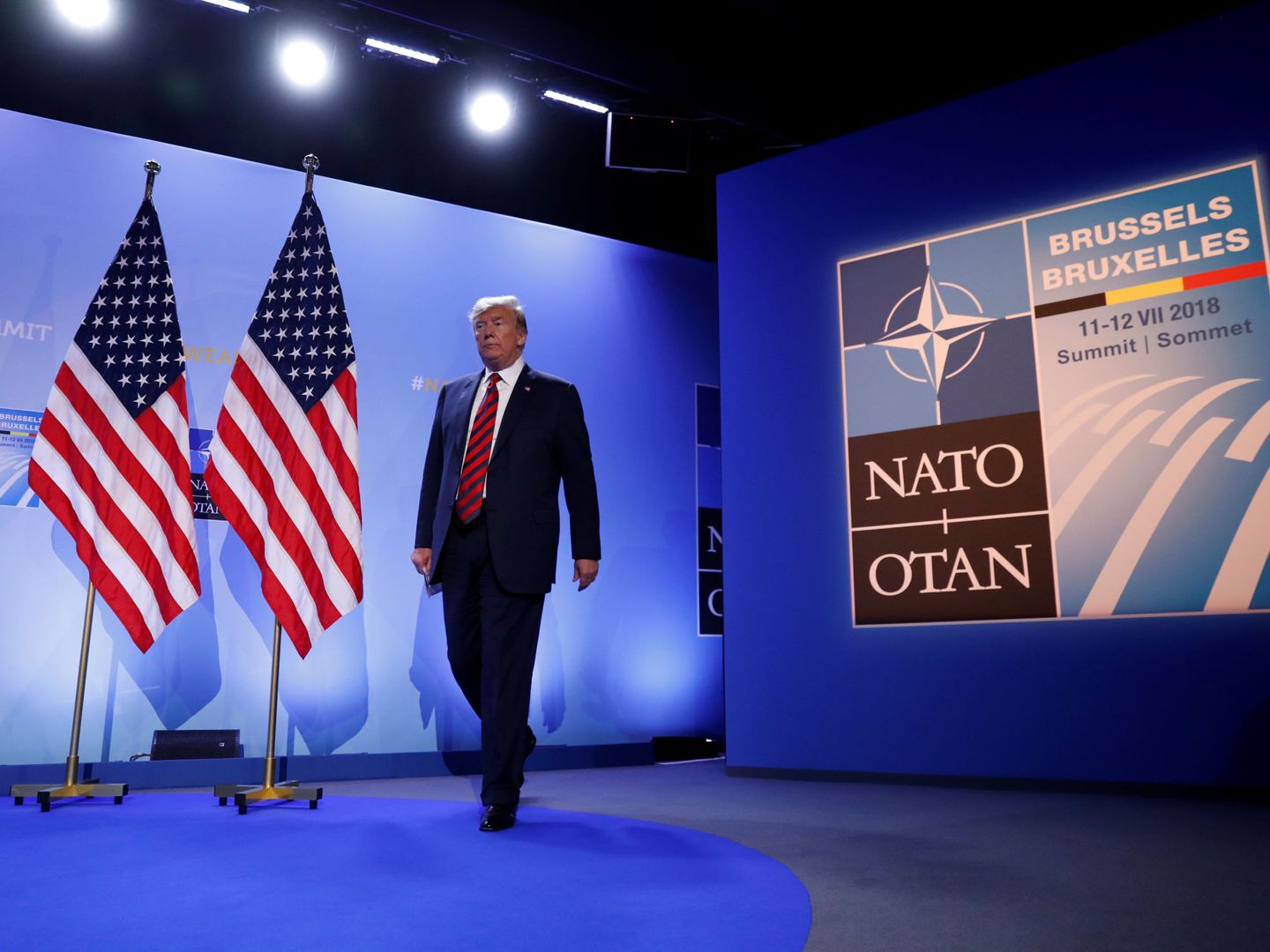 Trump entando en su rueda de prensa posterior a la cumbre de la OTAN (REUTERS)