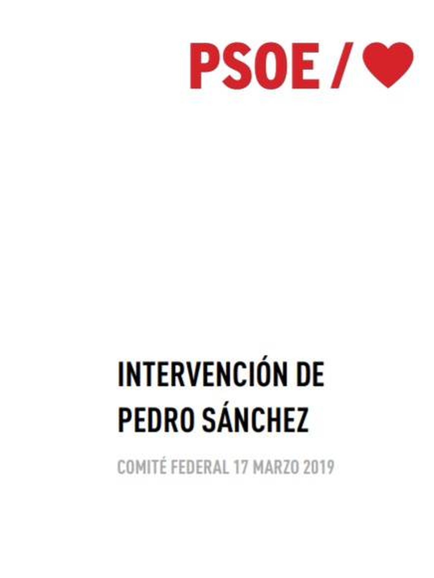 Consulte aquí en PDF la intervención de Pedro Sánchez ante el comité federal del PSOE de este 17 de marzo.