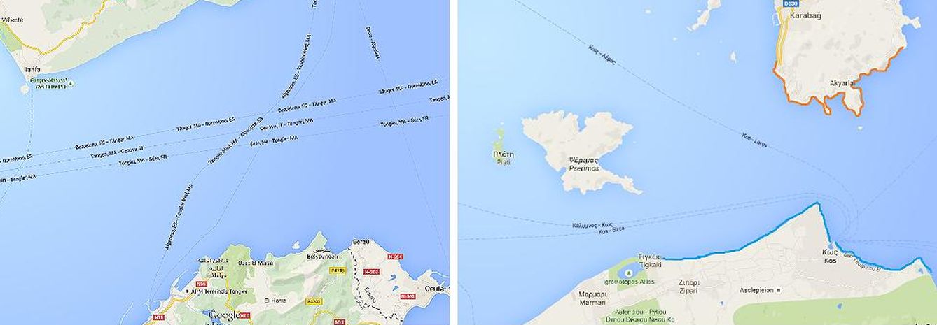 En el primer mapa, la distancia entre Marruecos y España. En el segundo, la isla de Kos al sur y Turquía, al norte.