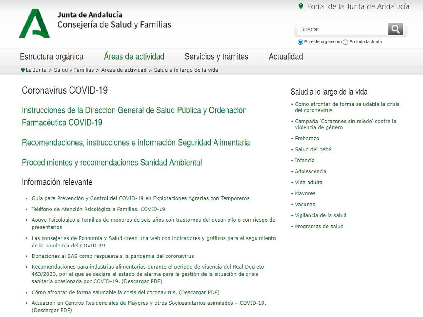 Una de las web de Andalucía sobre el coronavirus