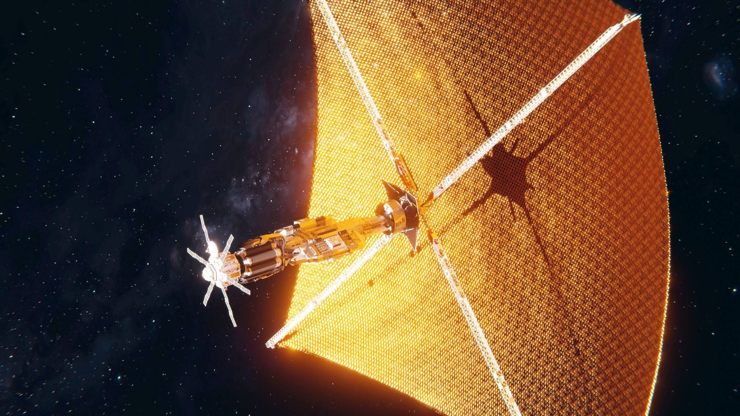 Ilustración de una nave de ciencia ficción con vela solar de Bert Willemsen.  En realidad, las velas solares están extremadamente limitadas en la masa que pueden arrastrar (immeasurably.art)