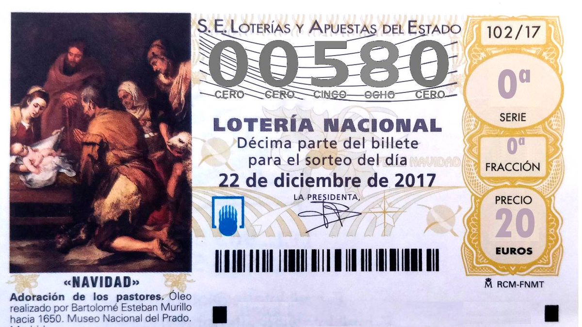 El número 00.580 se lleva el 6.º quinto de la Lotería de Navidad: 6.000€ al décimo