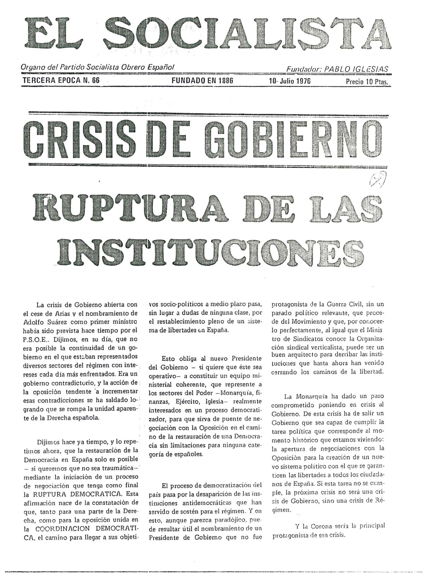 Periódico 'El Socialista', 10 de julio de 1976