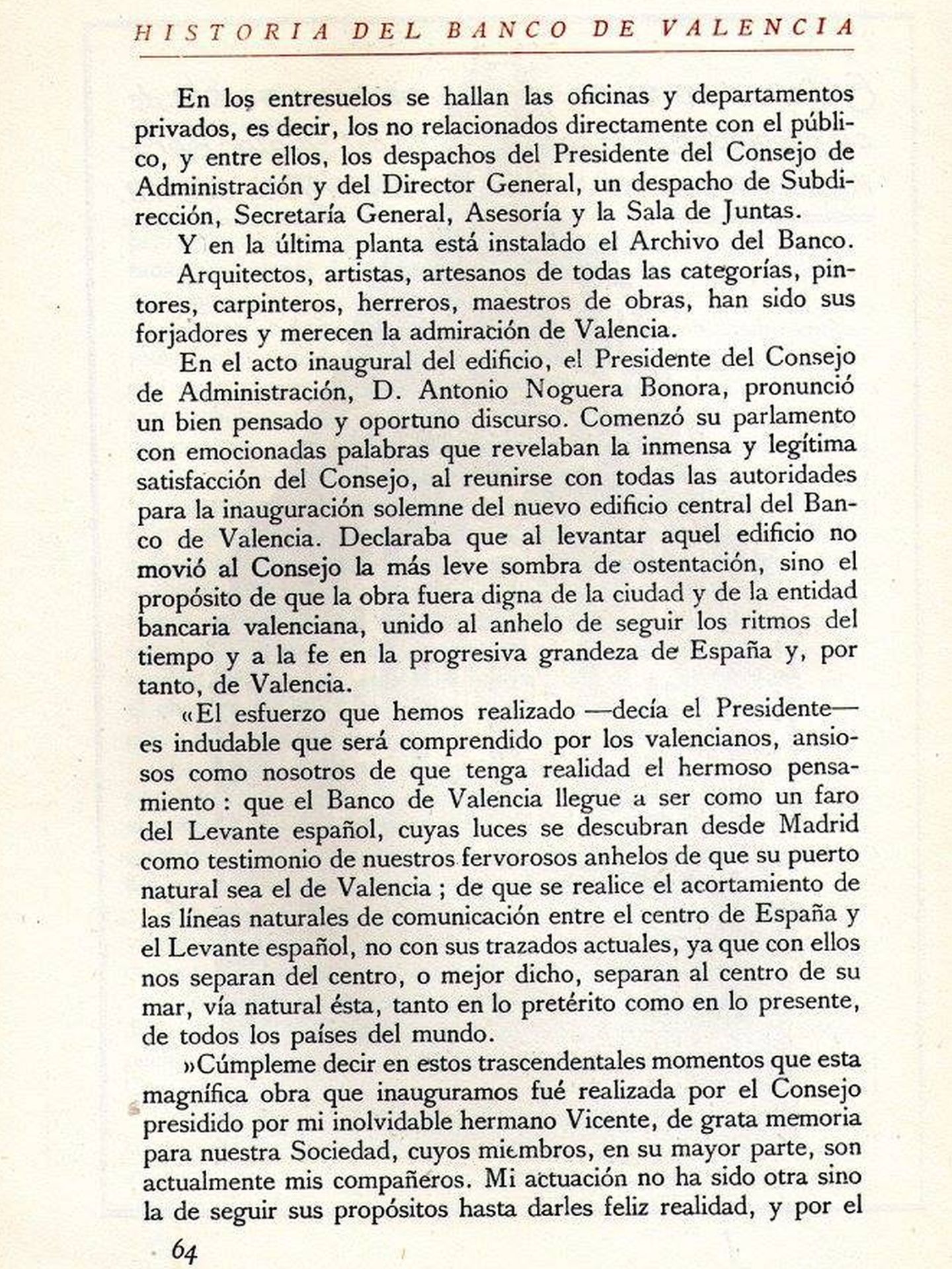 Texto que recoge el discurso de inauguración del edificio Banco de Valencia de su presidente Antonio Noguera. (Fundación Goerlich)