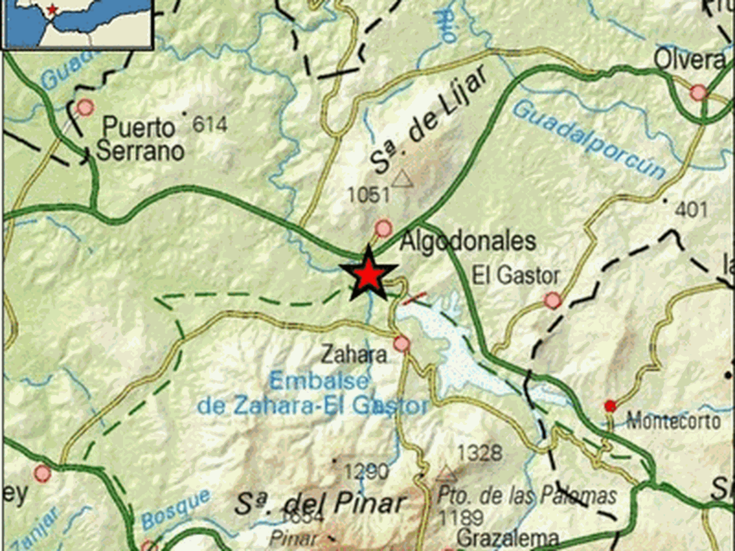 Epicentro del terremoto en las proximidades de Algodonales. (IGN)