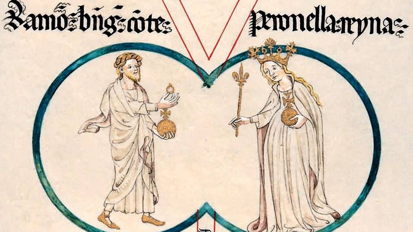 Representación del matrimonio del conde Ramón Berenguer IV de Barcelona y la reina Petronila de Aragón en el rollo genealógico de Poblet. (Wikipedia)