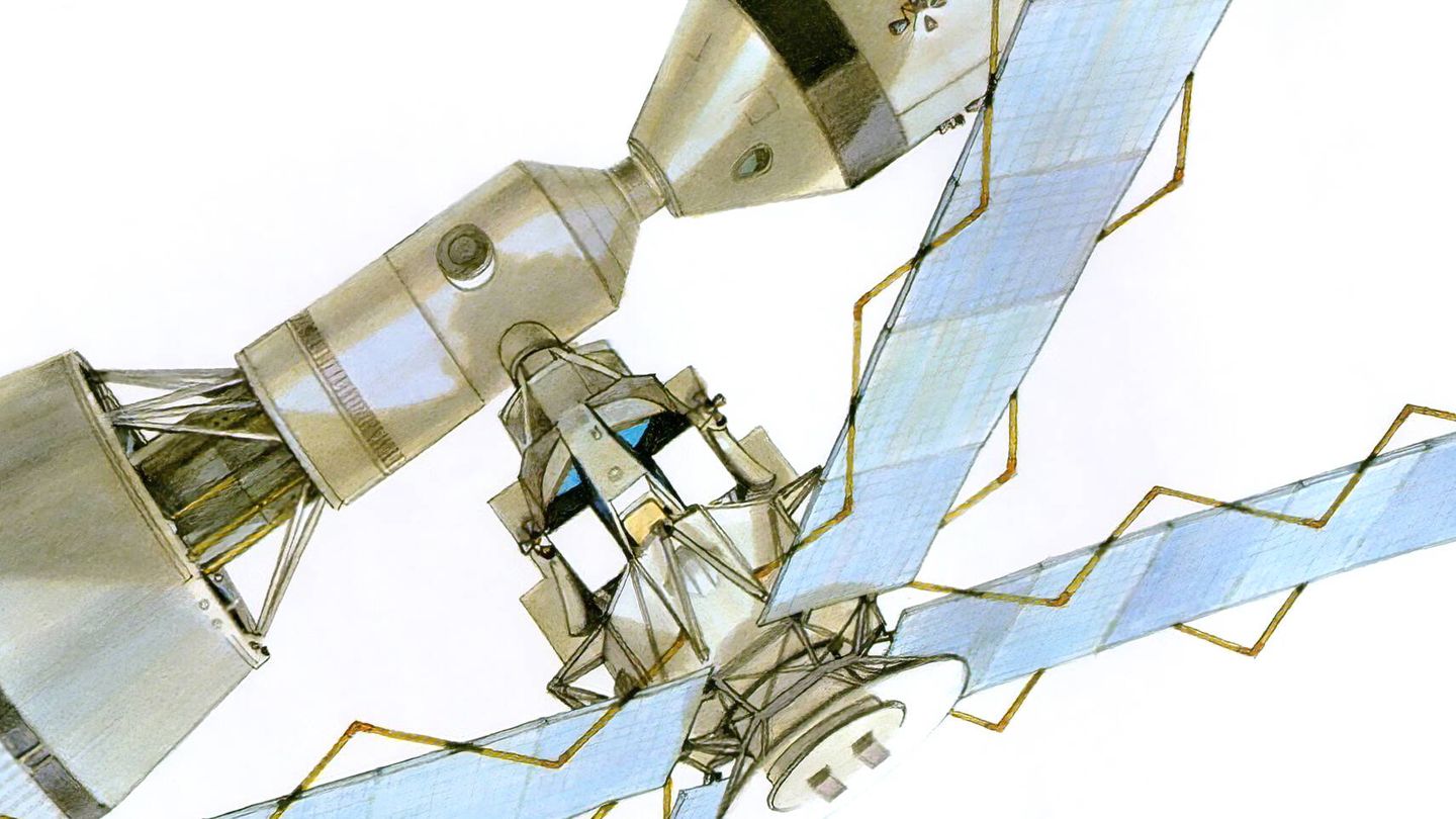 Grumman imaginó que el módulo lunar podría adaptarse para diferentes misiones. En la imagen se puede ver uno modificado para instrumentos solares. (Grumman)