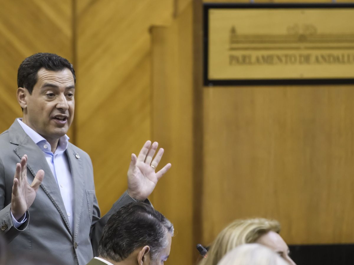 Foto: Juanma Moreno, en el pleno del Parlamento de Andalucía, este jueves durante la sesión de control. (EFE/Raúl Caro)