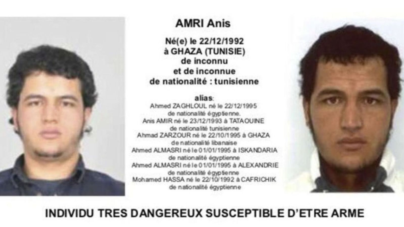 Foto: Ficha divulgada por el Ministerio de interior francés del supuesto autor del ataque fallecido, Anis Amri. (EFE)