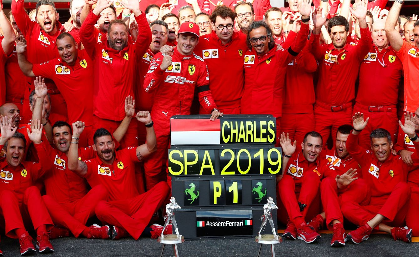 Celebración de Ferrari tras la victoria de Charles Leclerc en el GP de Bélgica 2019. (Reuters)