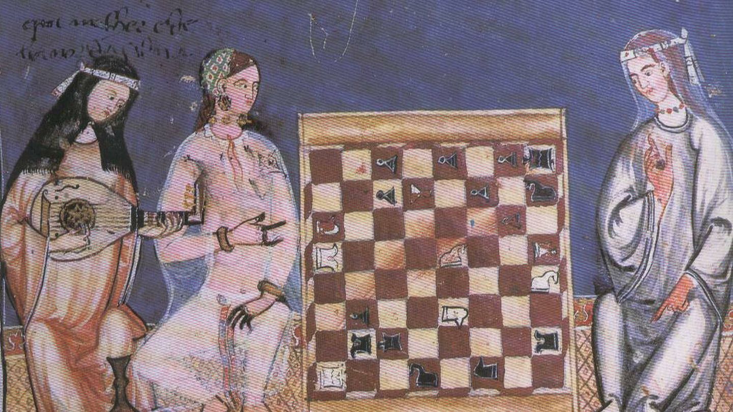 Mujeres moriscas jugando al ajedrez. Del Libro del axedrez dados et tablas de Alfonso X ('Libro de ajedrez, dados y tablas'), 1283. (Wikimedia)