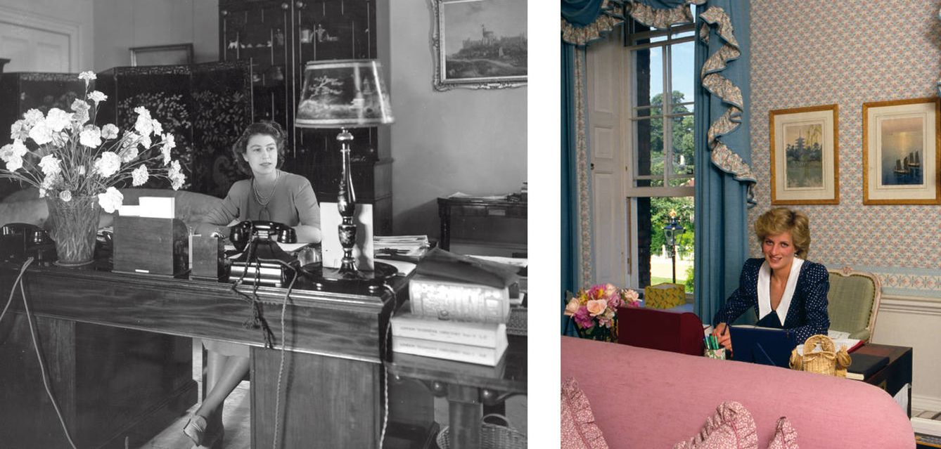 A la izquierda, la princesa Isabel de Inglaterra en su despacho de Buckingham Palace, en julio de 1946. A la derecha, Diana de Gales a finales de los años 90. (Getty Images)
