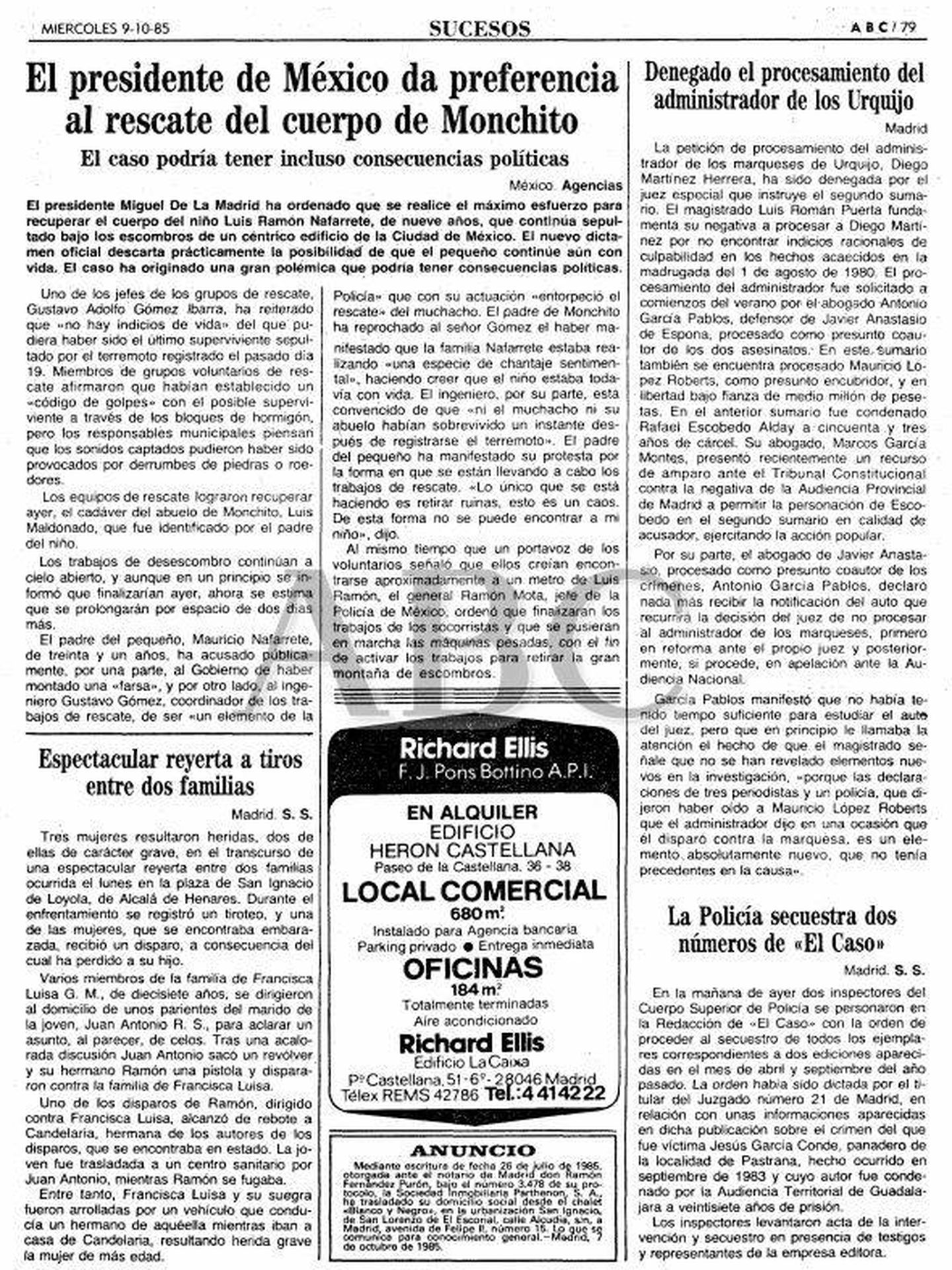 Página de ABC sobre el rescate de 'Monchito' en el terremoto de México de 1985