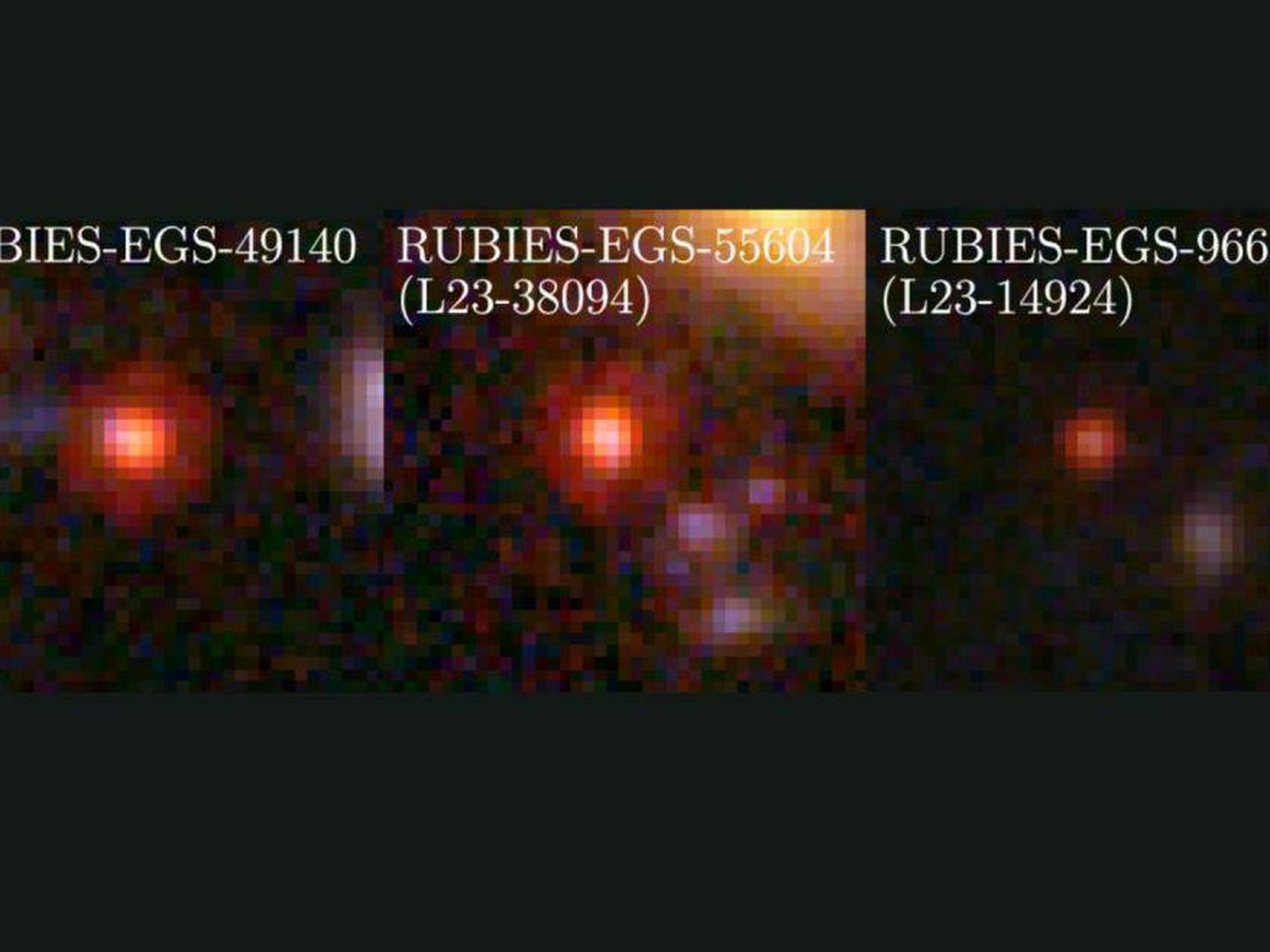 Los tres rubíes rojos, unos misteriosos objetos detectados en el universo primitivo por el Webb. (NASA-ESA)