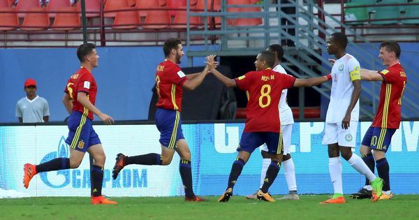 Foto: Jugadores españoles celebran uno de los cuatro goles marcados a Níger. (EFE)