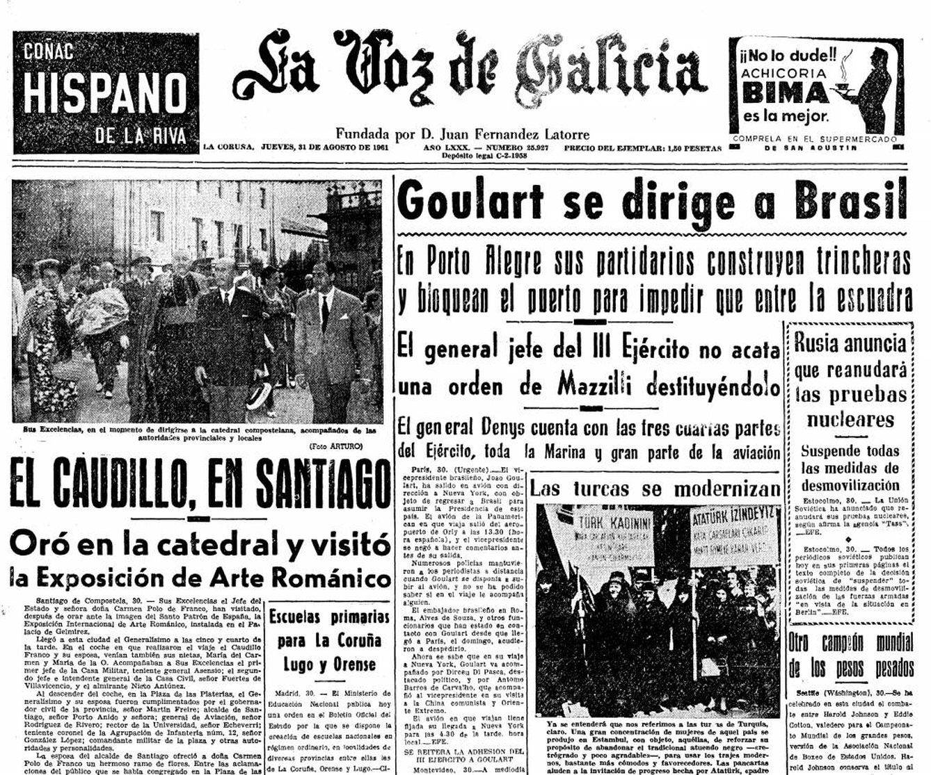Portada de 'La Voz de Galicia' del 31 de agosto de 1961. (Hemeroteca Voz de Galicia)
