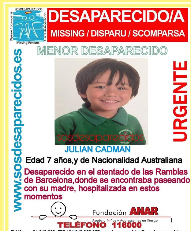 Foto: Julian Camdan, el niño australiano desaparecido tras el atentado en las Ramblas de Cataluña (SOS Desaparecidos)