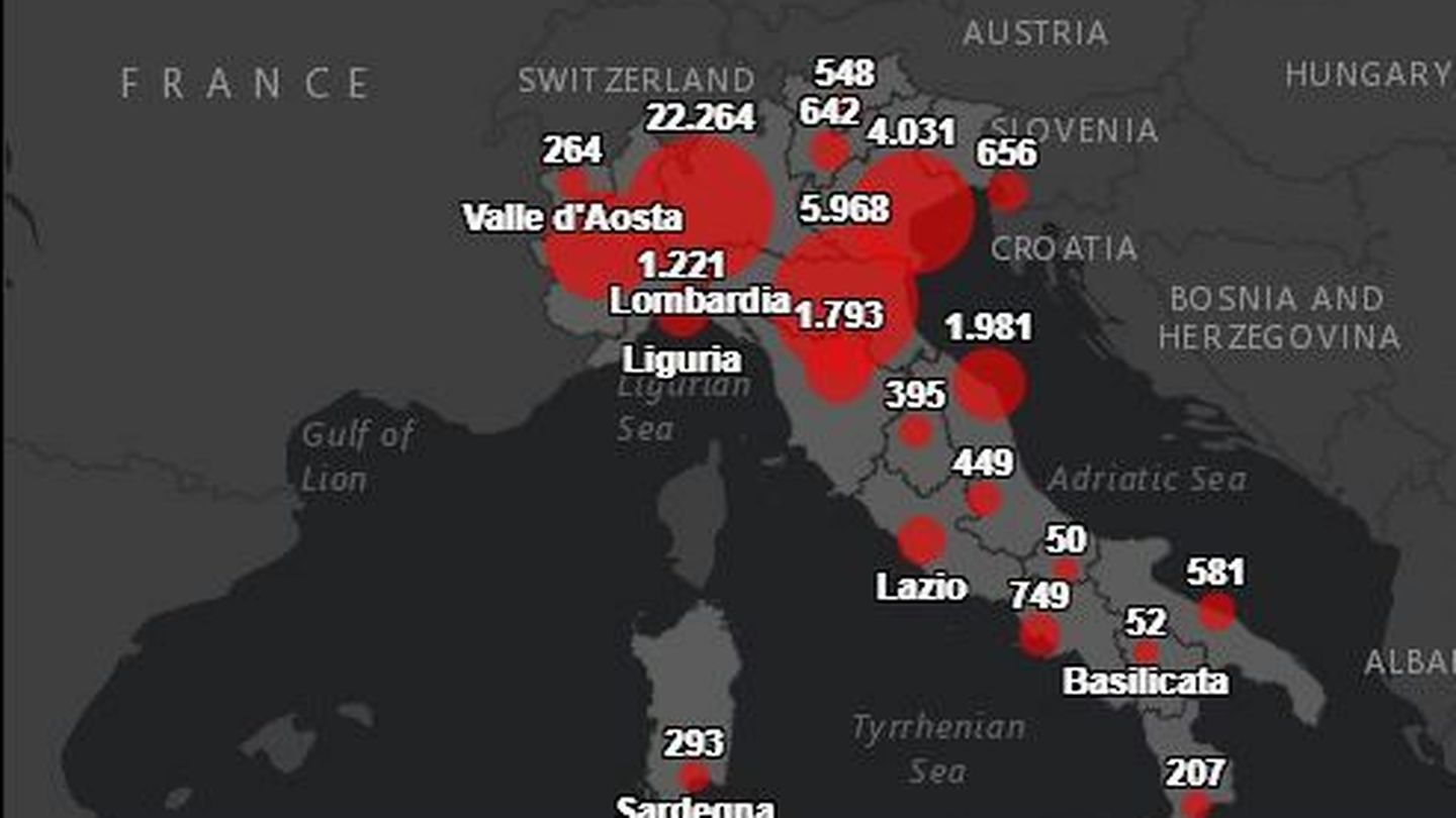 Mapa de contagios en Italia. (Protección civil italiana)