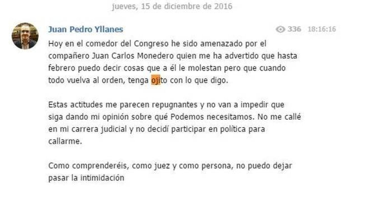 Mensaje en el canal público de Telegram de Juan Pedro Yllanes.