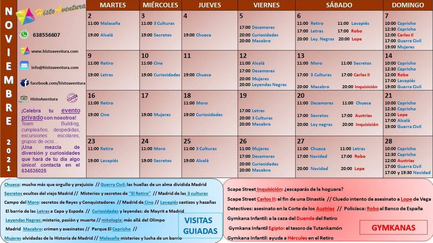 Listado de actividades del mes de noviembre. Foto: Histoaventura