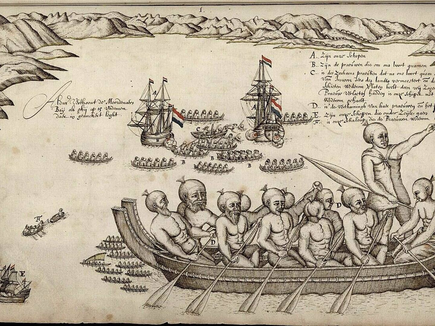 Grabado que representa el primer contacto de los holandeses con los maoríes en 1642. (Issack Gilsemans)