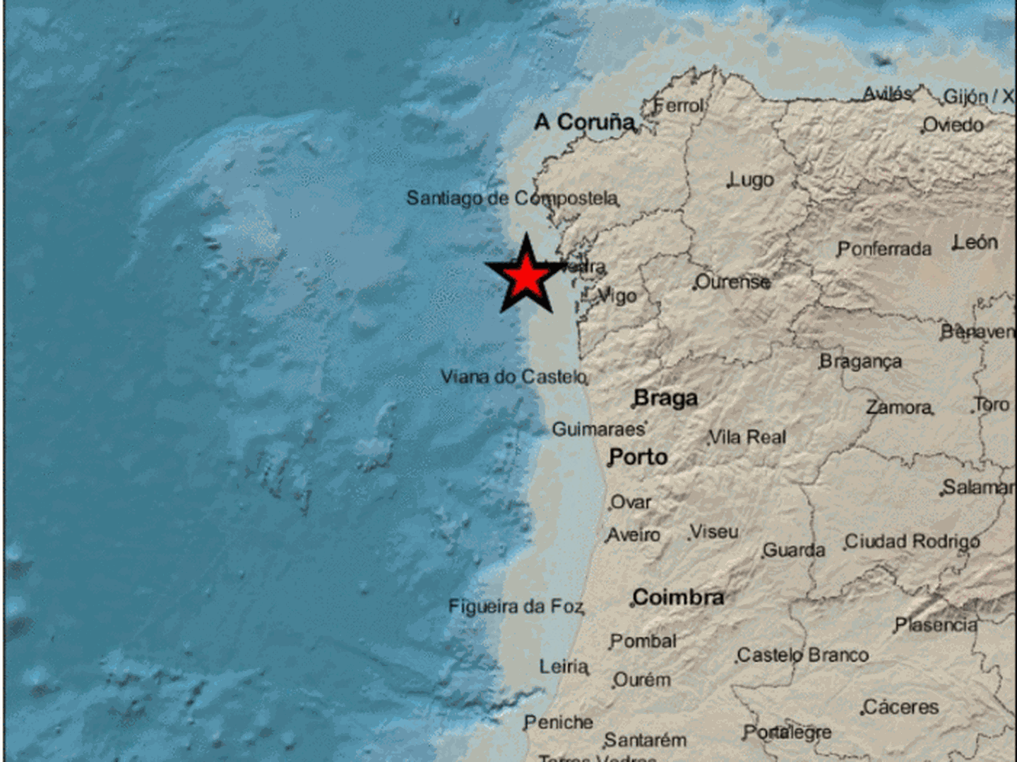 Epicentro del terremoto en las proximidades de Ribeira. (IGN)