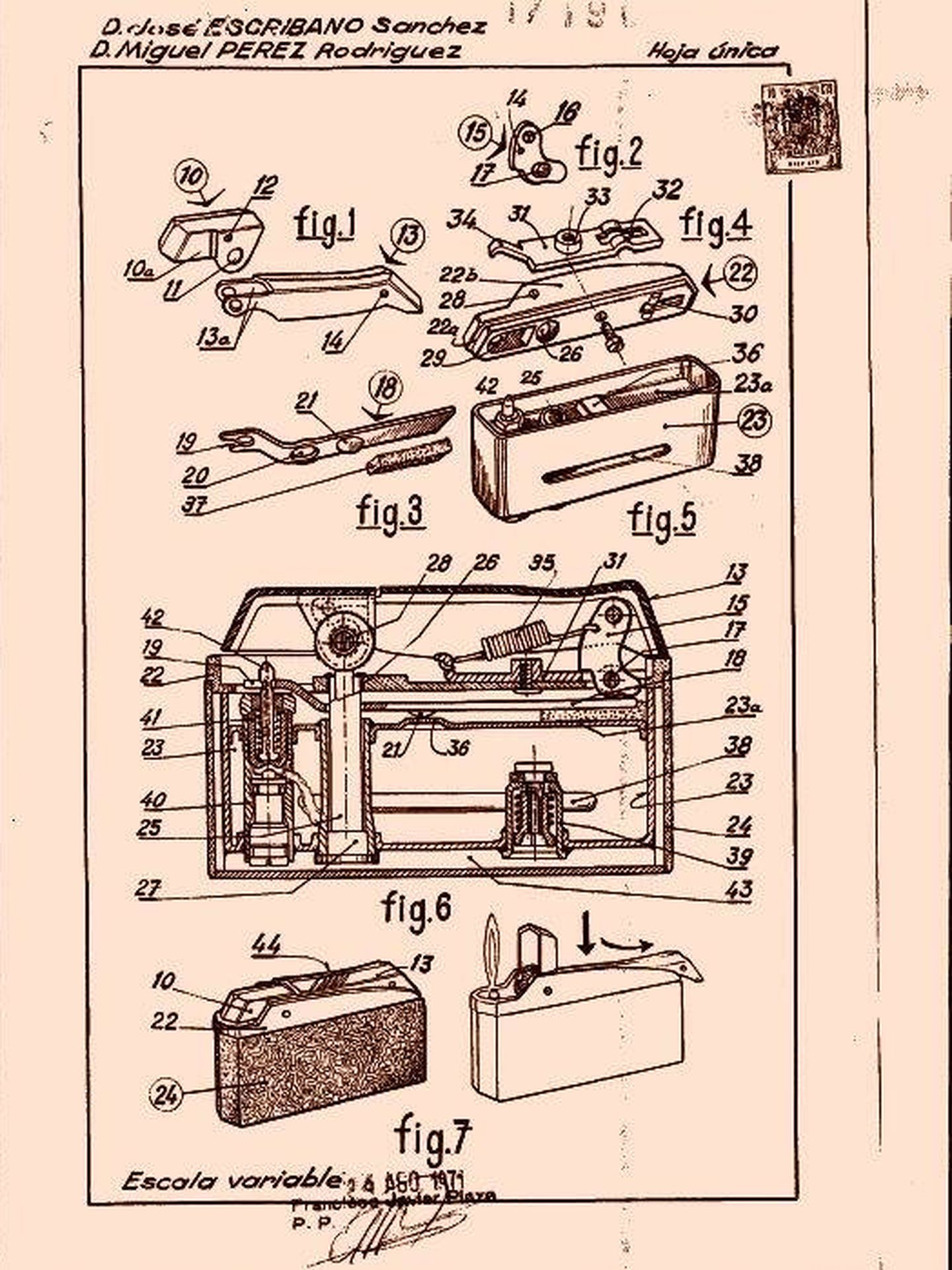 Patente de un encendedor de bolsillo creado por Escribano. (OEPM)