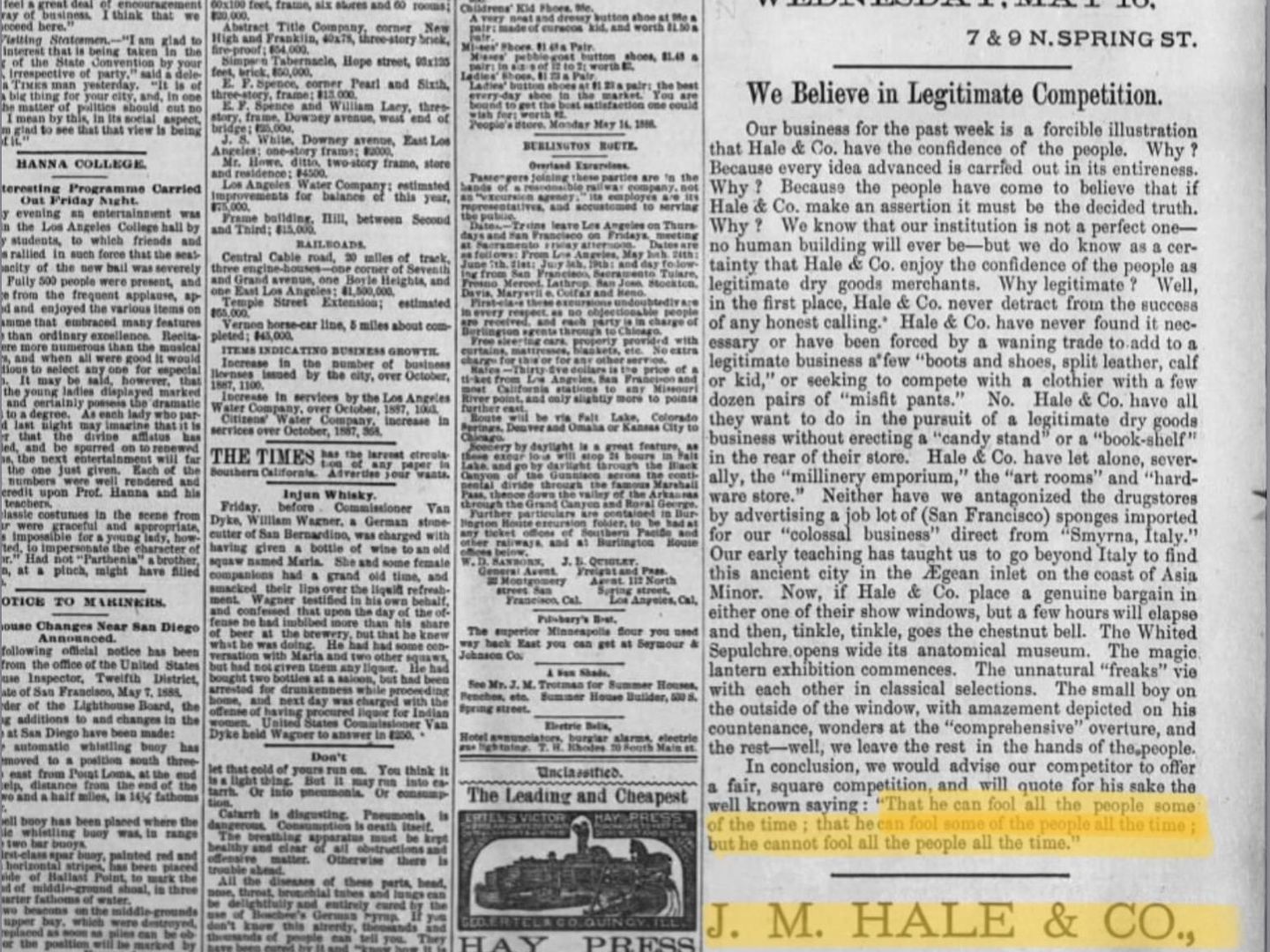 Anuncio de J. M. Hale & Co. LA Times 1888. Pinche en la imagen para abrir la página.