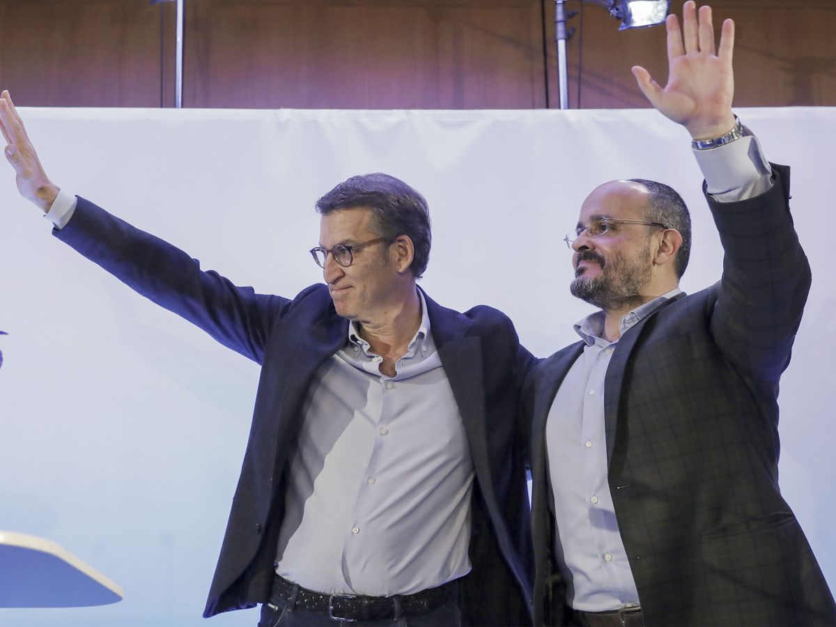 Foto: El líder del PP, Alberto Núñez Feijóo (i), y el presidente del PP de Cataluña, Alejandro Fernández (d). (EFE/Andreu Dalmau)