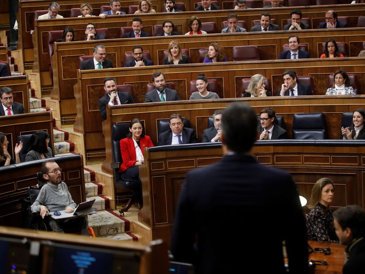 Foto: Pedro Sánchez, de espaldas, responde a Santiago Abascal en el Congreso. (EFE)