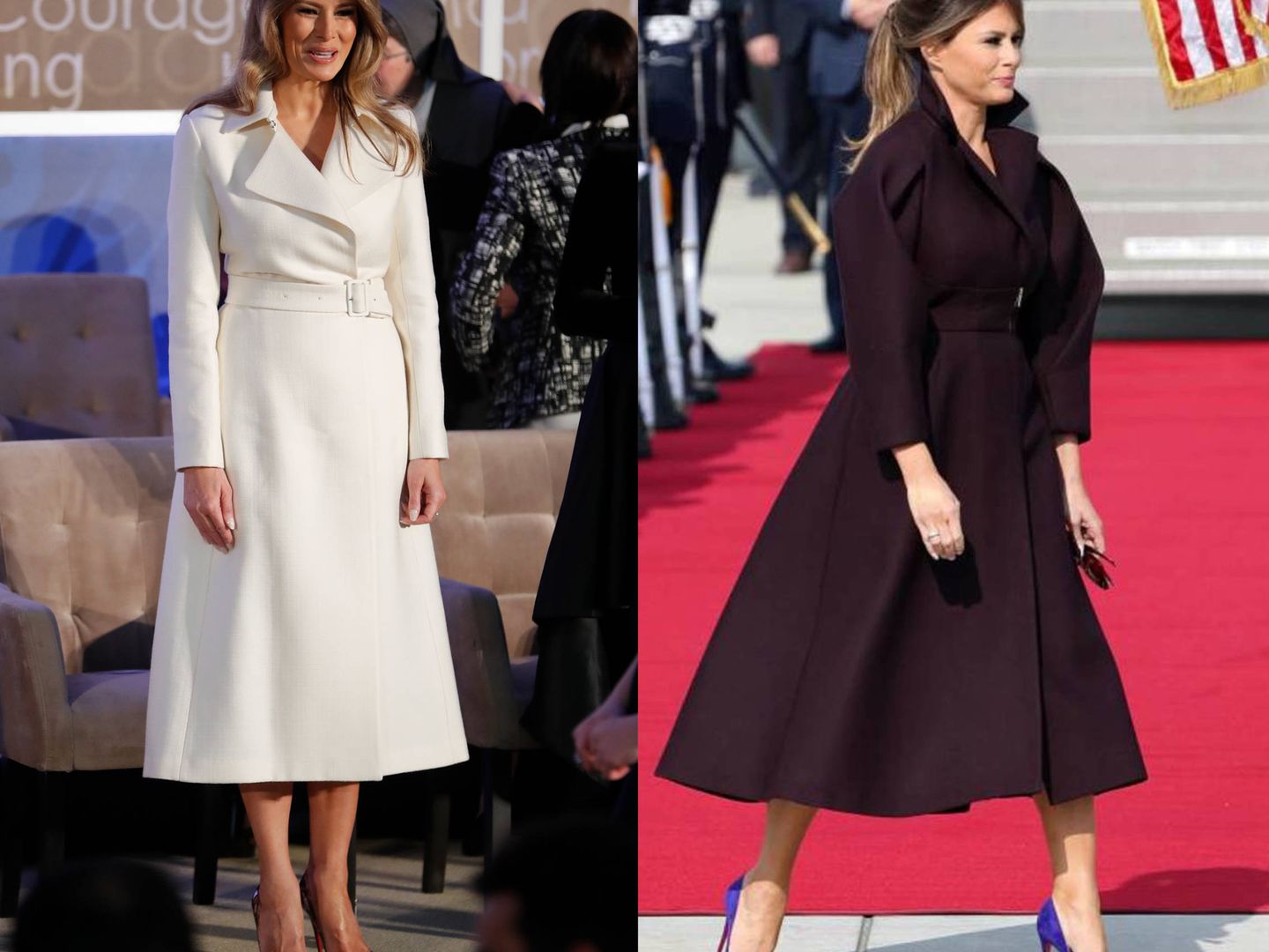 Melania Trump luce un abrigo de The Row y un abrigo burdeos de Delpozo.(Gtresonline)